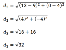 d=√(〖(13-9)〗^2+〖(0-4)〗^2 )